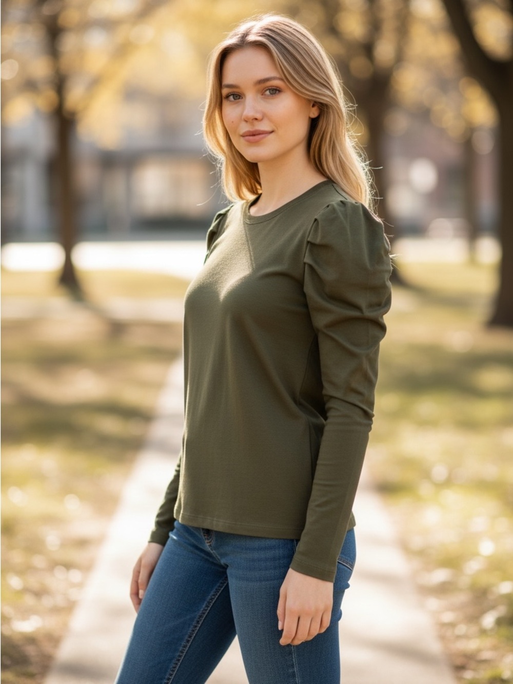 Cyrus Women’s Olive Green Pleated Puff Sleeve Knit Top Crewneck Size L Neutral
